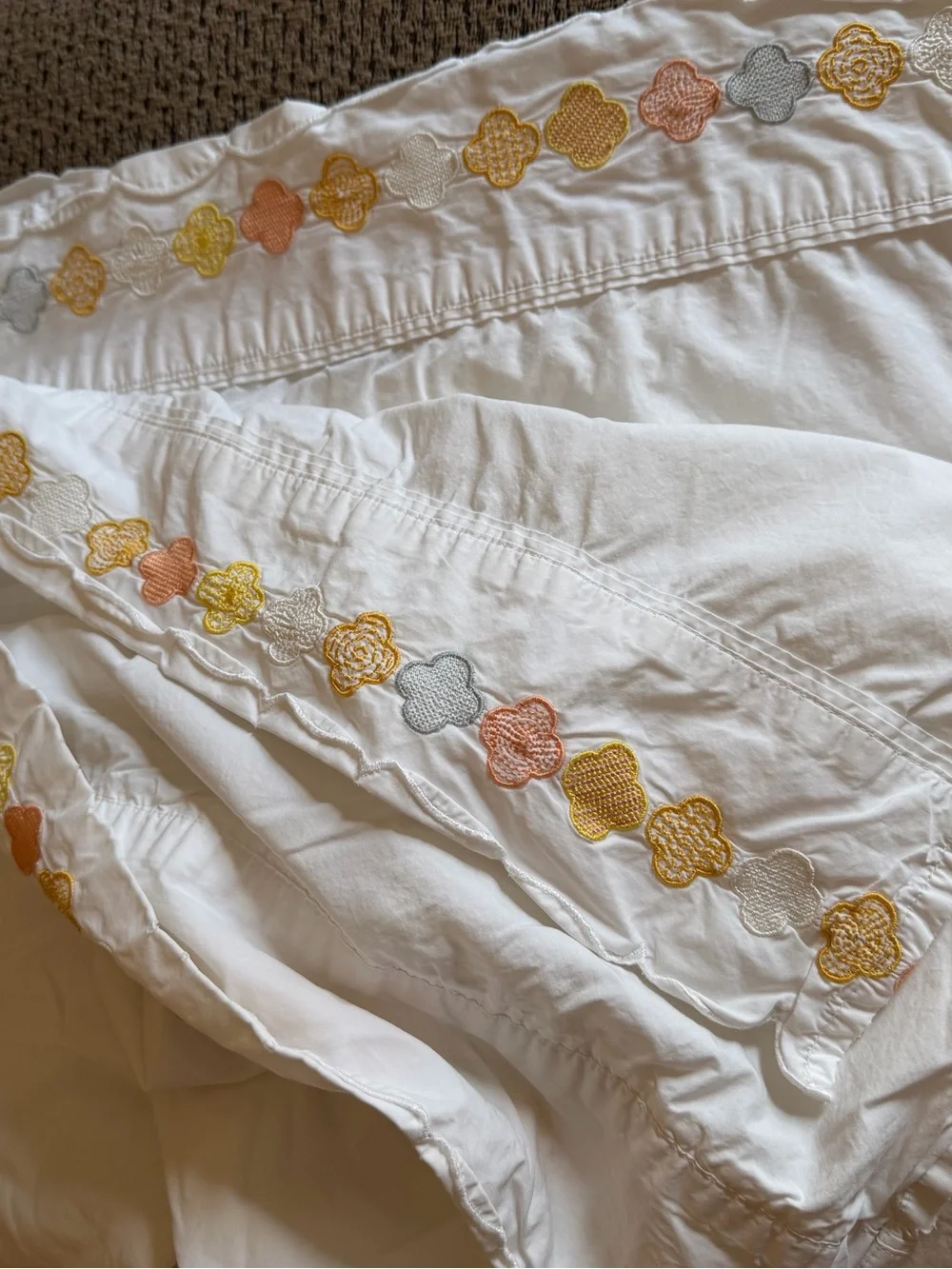 Anthropologie Embroidered Queen sized Top sheet Yellow & Peach